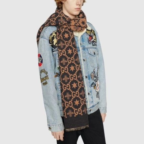 Gucci | Accessories | Gucci Jacquard Scarf Wool Silk Brown Black Grey